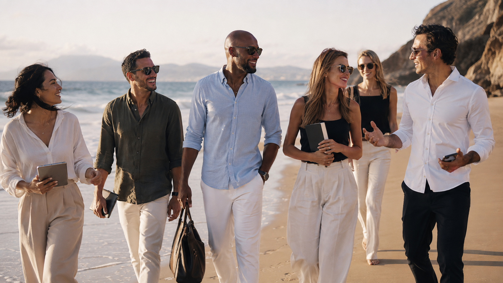 Group of professionals walking together along a beach at golden hour