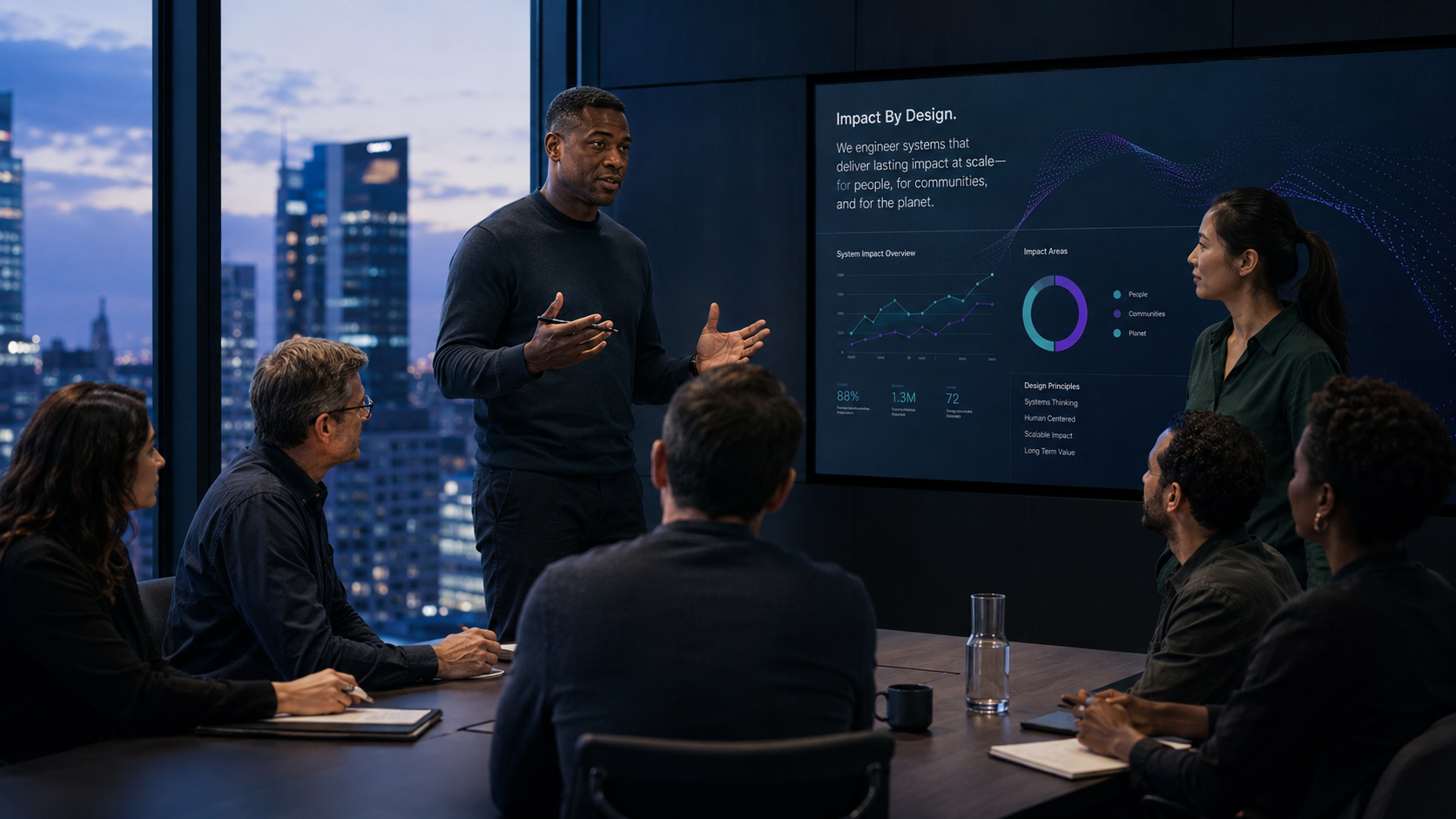 Leader presenting an impact dashboard to a team in a dark boardroom at dusk