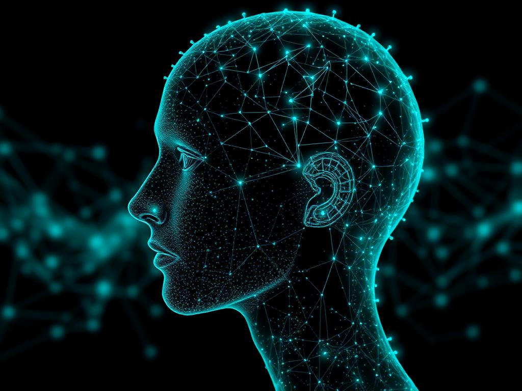 Human profile formed from glowing teal data particles representing installed intelligence