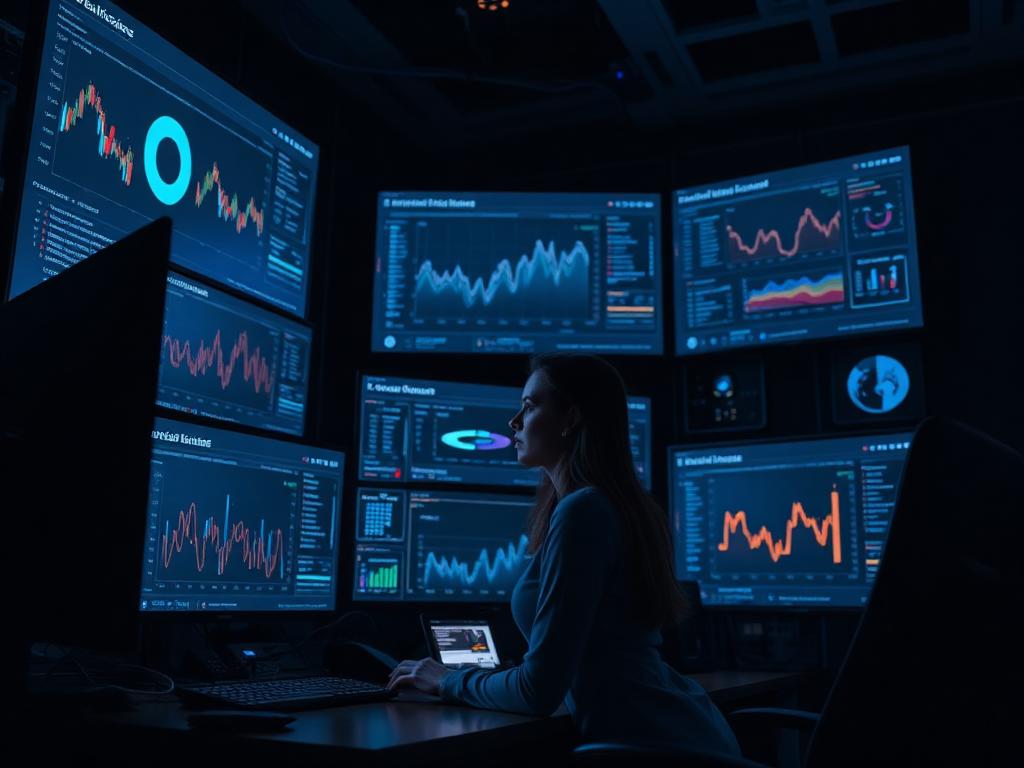 Founder reviewing analytics dashboards on multiple monitors